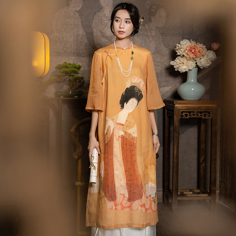 簪花仕女图古画印花新中式女装中国风连衣裙天丝苎麻夏秋盘扣茶服