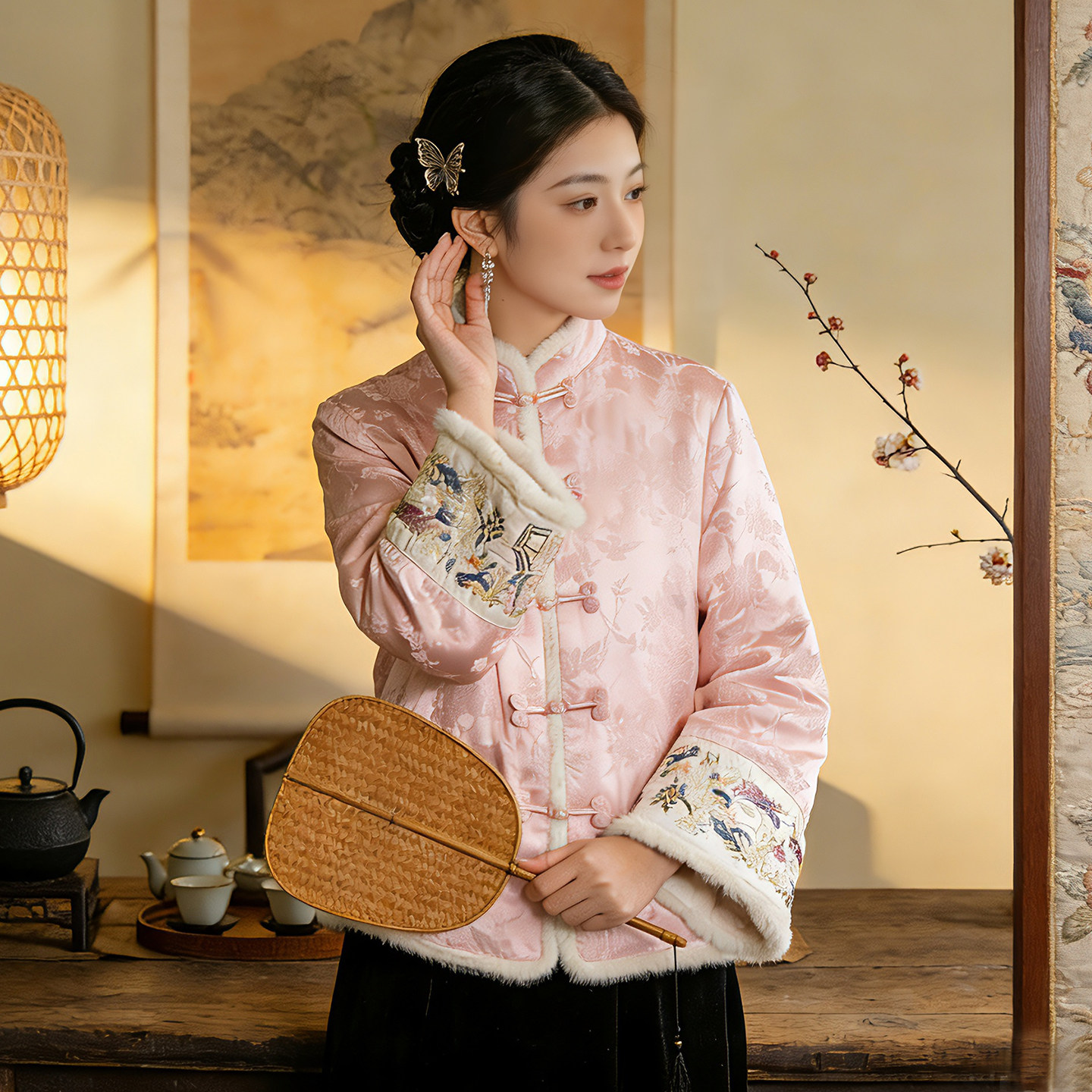 冬季新中式盘扣加绒刺绣女棉服
