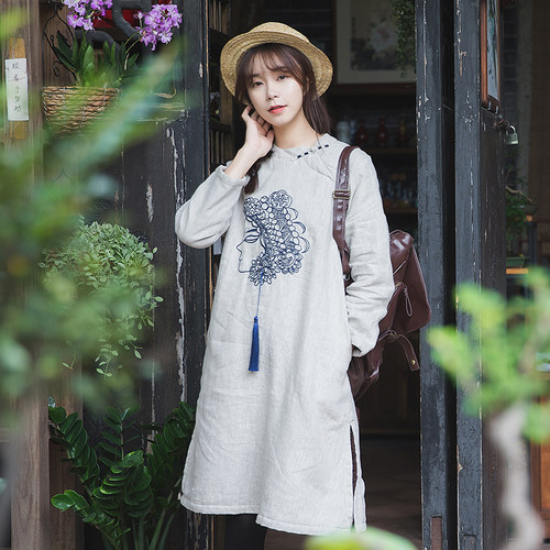 盘扣棉服加厚加绒民族风中连衣裙