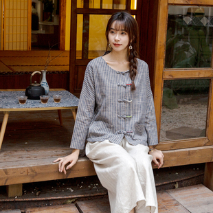 女装 1245秋季 新款 文艺复古条纹亚麻开衫 盘扣上衣棉麻中国风长袖
