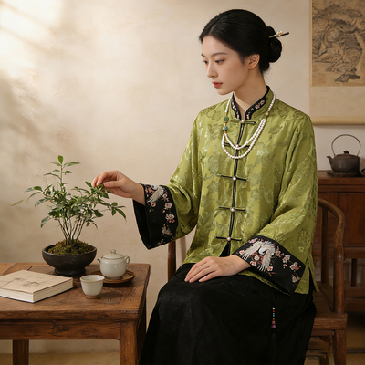 新中式盘扣提花人丝刺绣长袖外套