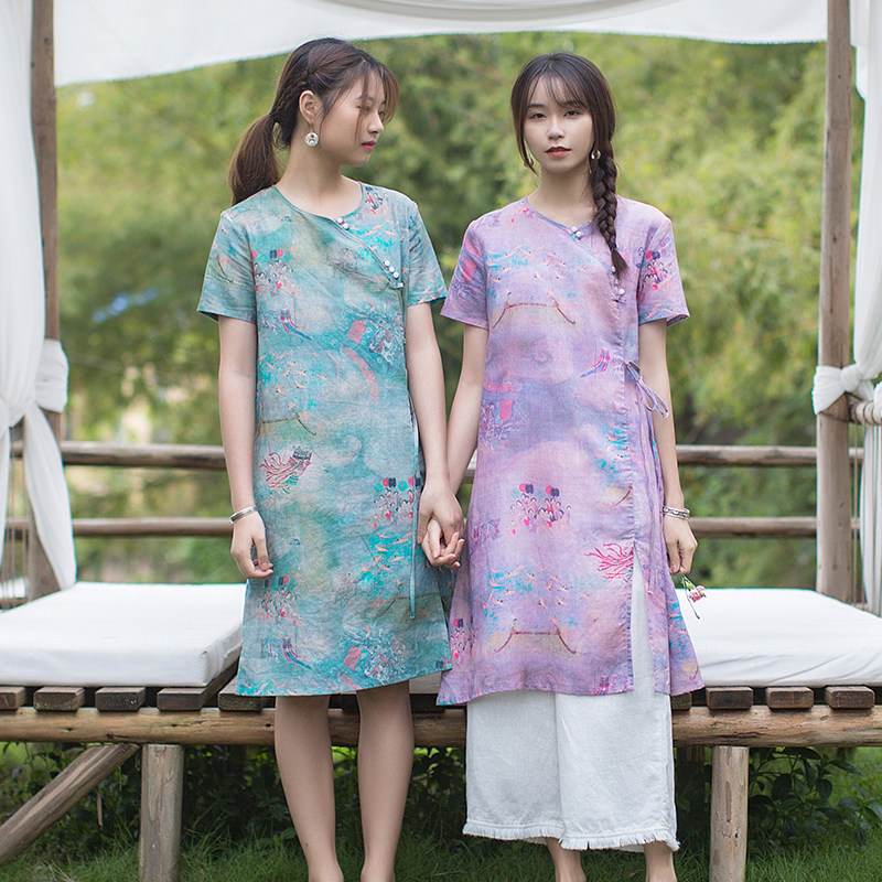 复古盘扣古画印花苎麻连衣裙夏棉麻上衣中长款短袖中国风茶服女装