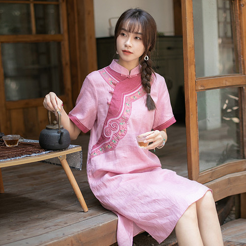 远镇清朝亚麻中式风茶服连衣裙