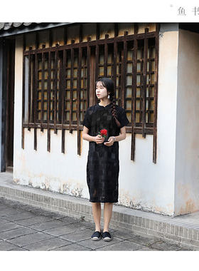 复古文艺盘扣连衣裙中长款a型欧根纱黑白格子短袖夏季中国风女装