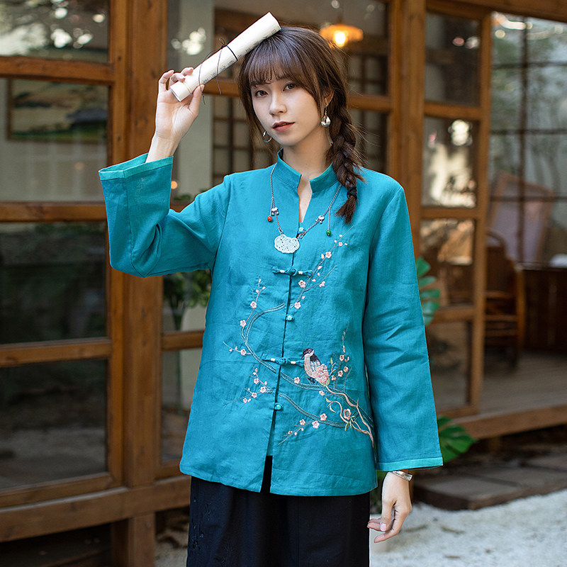 远镇亚麻上衣复古盘扣长袖衬衫春秋款中国风花鸟刺绣中式茶服女装