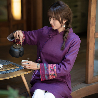 亚麻流苏远镇复古加厚中式风棉服