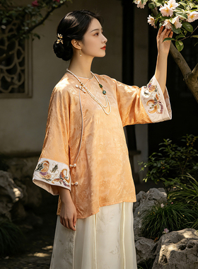 新中式通勤盘金绣打籽绣刺绣上衣女夏七分袖提花人丝国风禅意茶服