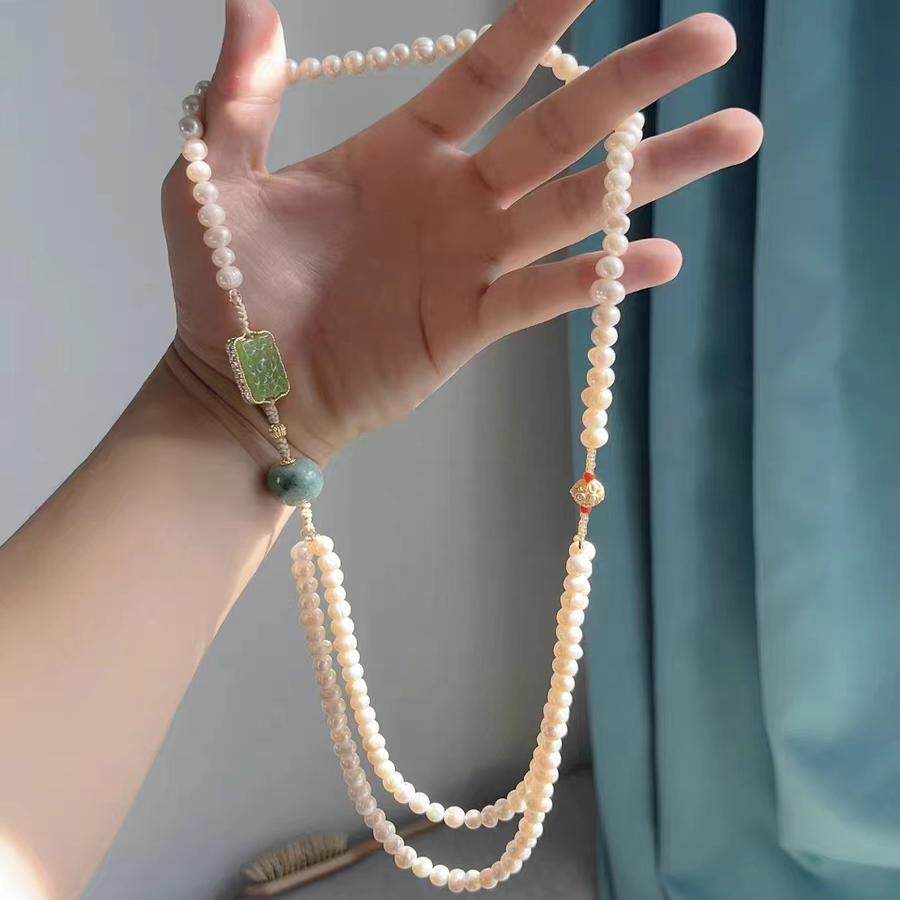 天然淡水珍珠金镶玉翡翠玉石百搭新中式毛衣链项链长款双层中国风
