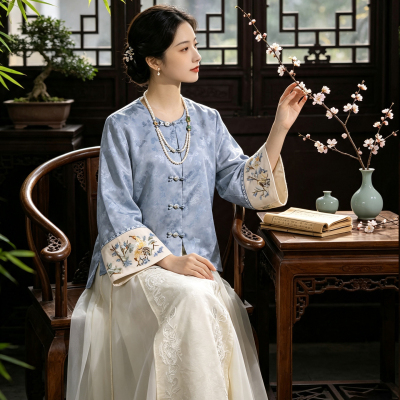 新中式通勤刺绣禅意刺绣上衣茶服