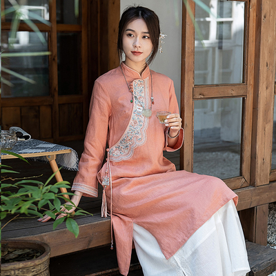 中国风旗袍裙亚麻绣花盘扣茶服