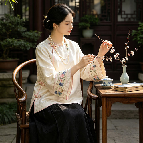 新中式斜襟刺绣提花人丝茶服上衣
