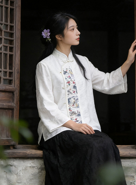 新中式通勤人丝刺绣上衣女白色国风禅意茶服九分袖白色衬衫