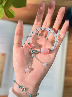 新中式中国风原创设计款蓝白月光石手串编织手链盐源玛瑙花牌女款