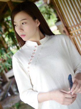 棉麻七分袖上衣中长款