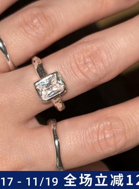 【新品】闪闪方块不规则切割戒托925通体银方糖戒指锆石可调节