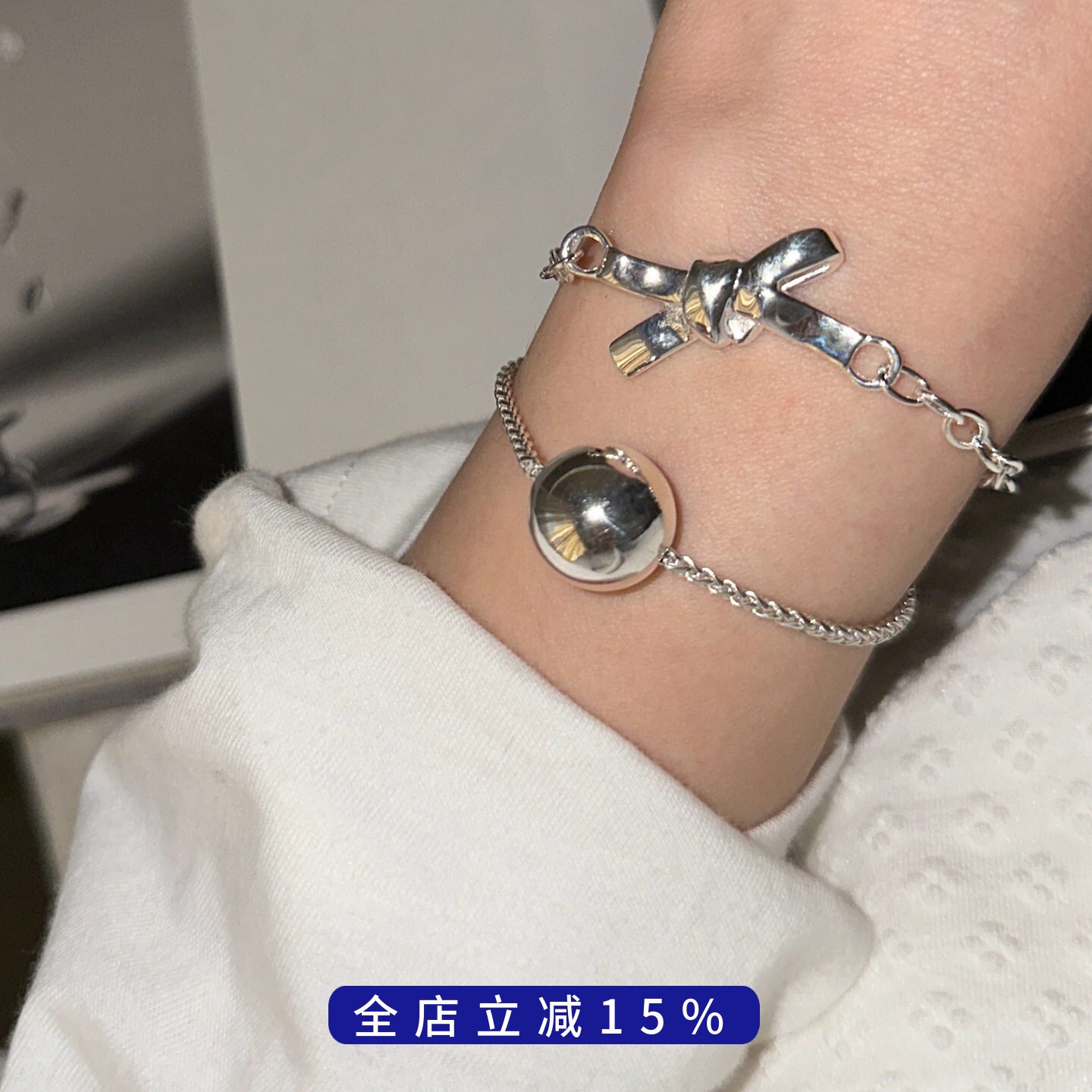 【新品】925纯银通体银大珠珠手链光面亮面圆珠带延长链