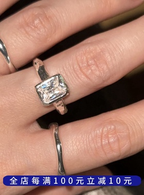 【新品】闪闪方块不规则切割戒托925通体银方糖戒指锆石可调节