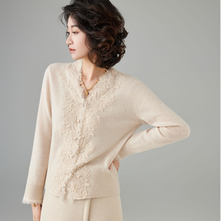 【100%纯山羊绒】花边羊绒针织开衫新款山羊绒气质上衣V领外套