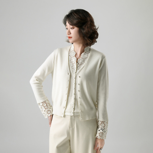 精纺细羊毛开衫洋气长袖打底薄款针织衫女士打底衫蕾丝百搭显瘦