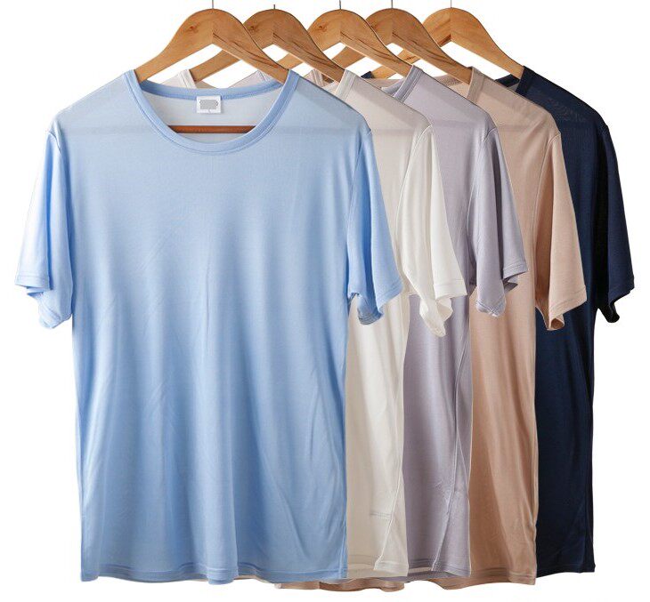 清凉夏季 加厚真丝针织男式圆领短袖汗衫 真丝男士短袖t恤 包邮