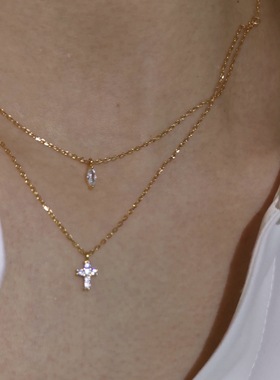 韩国通体纯银mini十字架双层项链