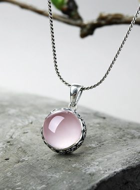 天然粉晶复古雕花吊坠挂坠招桃花