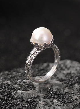 S925纯银淡水珍珠复古做旧莲花花纹圆珠戒指民族风气质指环原创潮