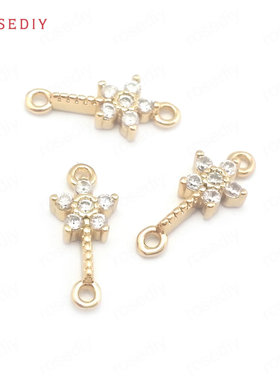 Diy饰品配件24K香槟金色 双孔 镶锆 花棒 连接挂件吊坠38129