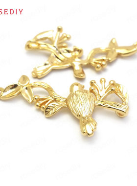 Diy饰品铜镀真金项链手链耳环发饰头饰配件树枝小鸟双孔挂坠24407
