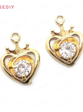 Diy饰品配件16x12MM铜24K香槟金色 镶锆 皇冠心形 挂件 吊坠36434