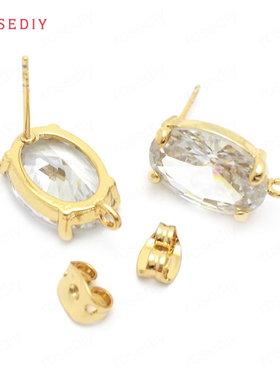 Diy饰品耳环耳针配件10x14MM铜镀真金镶锆椭圆耳钉(含耳塞)37854