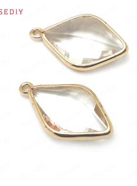 Diy饰品配件24x13MM 铜+玻璃24K香槟金色切面菱形挂件吊坠36403