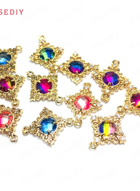 项链耳饰Diy饰品配件24K香槟金色镶锆双孔方形连接挂件吊坠38564