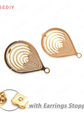 Diy饰品配件15x11MM 铜镀真金 镂空水滴形 耳钉(含耳塞) 35225