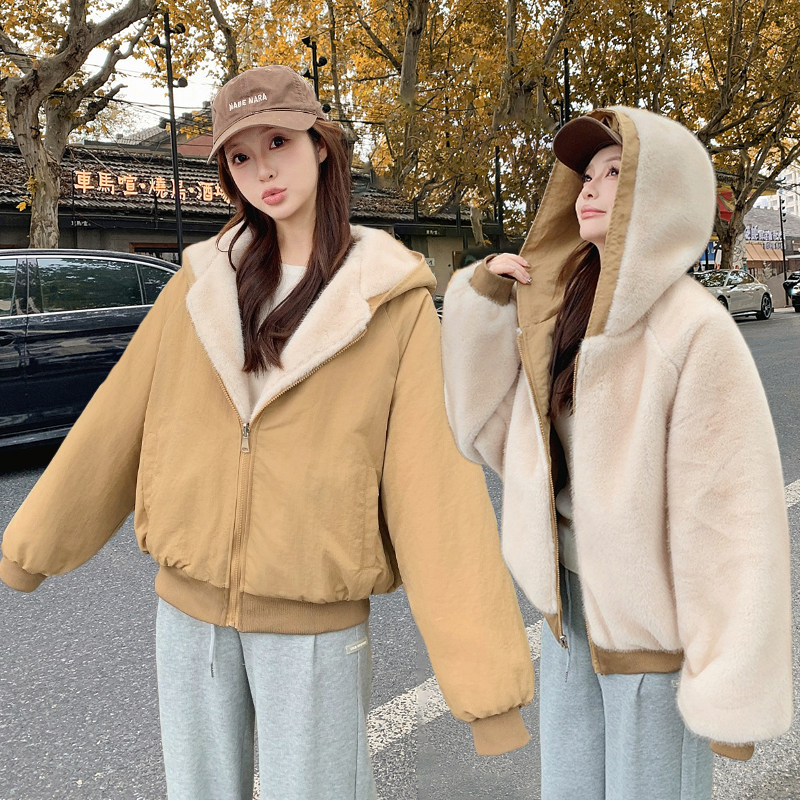 绒绒小雪人正反两穿2025款毛毛外套女冬季加厚保暖连帽拉链派克服