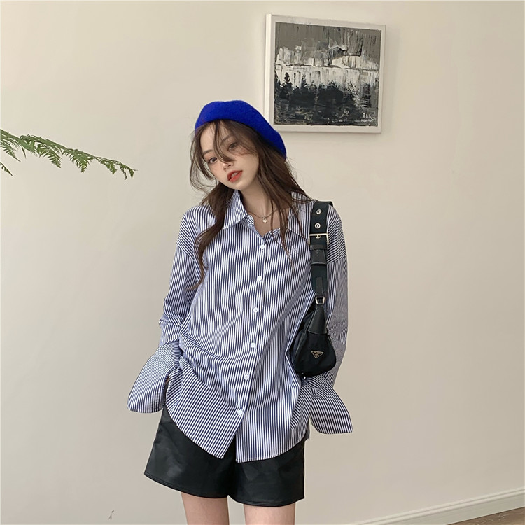 Real price loose stripe shirt + Leather shorts