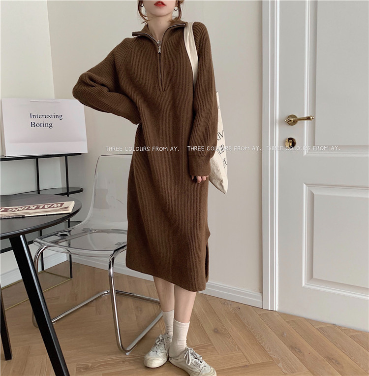 Real price loose Lapel zipper long sleeve sweater