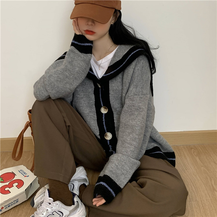 Real price loose Navy collar long sleeve sweater