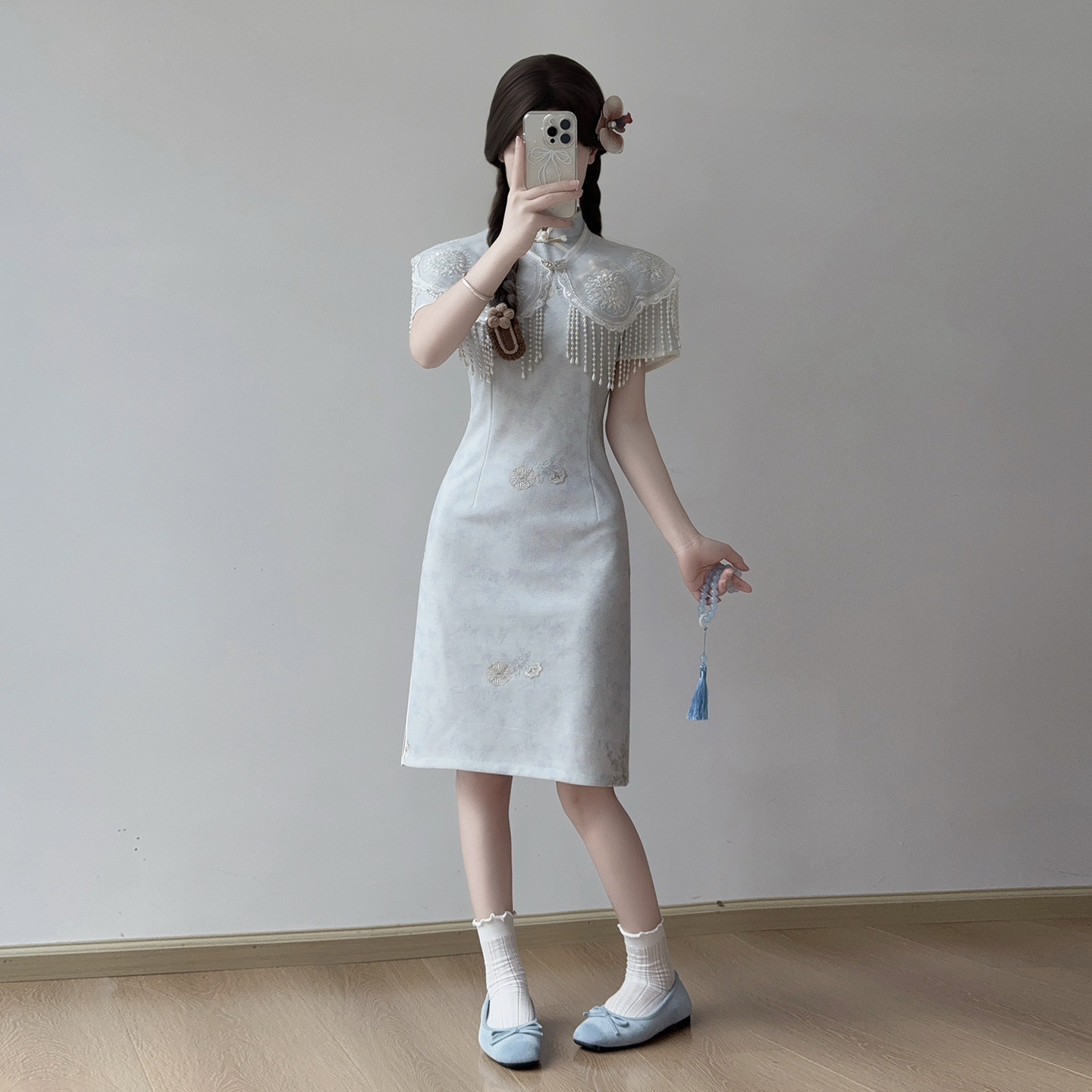 新中式蓝色短款旗袍小个子日常女图片