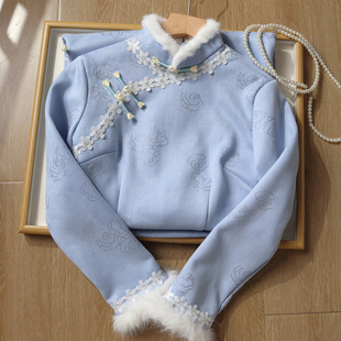 忆南栀蓝色旗袍新中式改良连衣裙2025巨好看冬装加绒加厚日常过冬