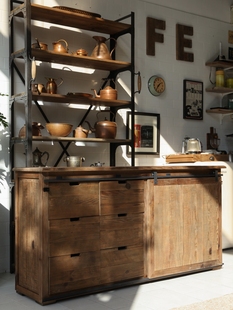 法式美式乡村餐边柜老松木做旧梅拉德暖色移门谷仓门柜子