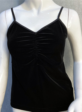 秀巧正品丝绒吊带0737纯黑色短款打底背心高端女装金丝绒百搭单品