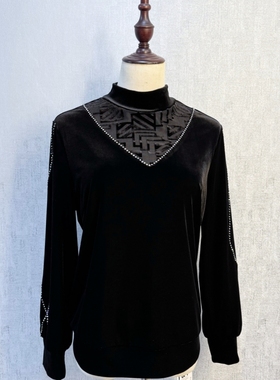 秀巧正品10643丝绒新款长袖女士镶钻高贵气质上衣宽松遮肉显瘦