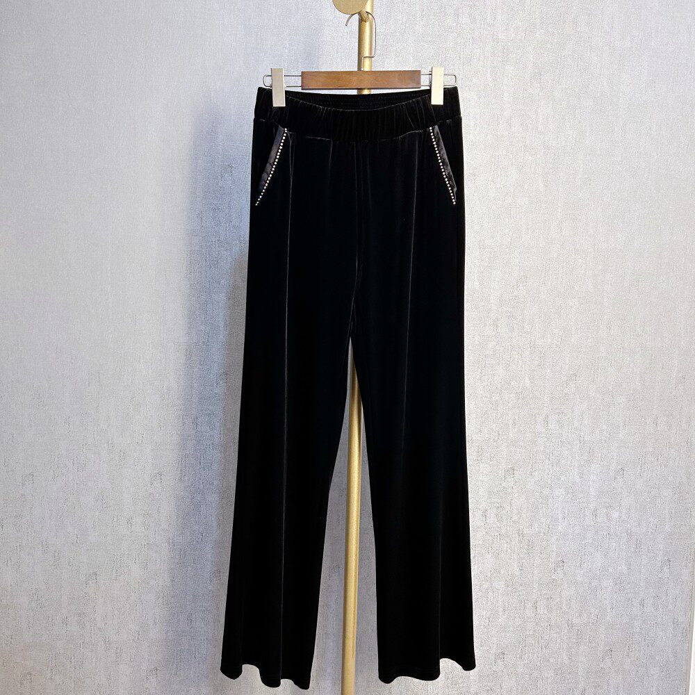 秀巧正品20055丝绒直筒裤女士长裤宽松休闲高腰松紧弹力舒适四季