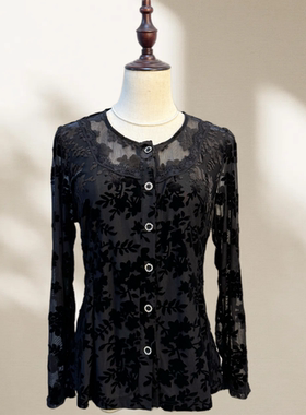 秀巧丝绒10618镂空薄款上衣纯色烧花高端丝绒修身时尚女衬衫