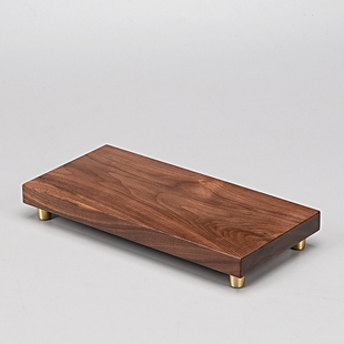 实木黑胡桃木雕托盘手工制作正方形铜脚支撑工艺品摆件底座长方形