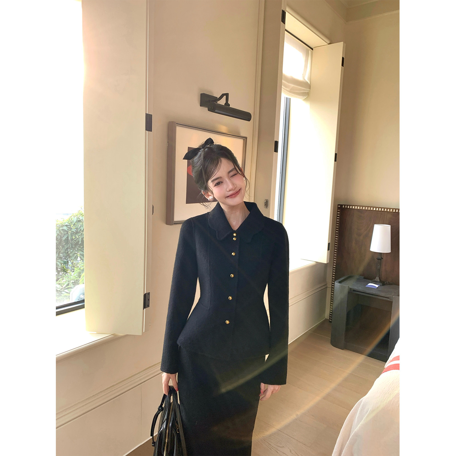 Thecoco 蝴蝶领原创收腰显瘦双面呢大衣外套高腰半身裙气质套装女