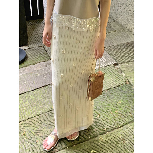 Thecoco 棉麻立体小花对丝工艺长半裙女夏季垂顺显瘦百搭直筒裙子