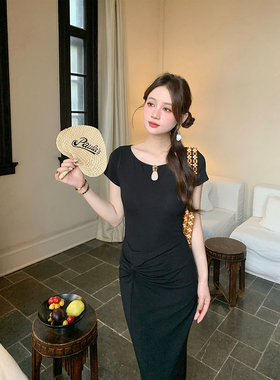 Thecoco 显瘦纽结黑色新中式针织连衣裙女夏水滴镂空褶皱修身长裙