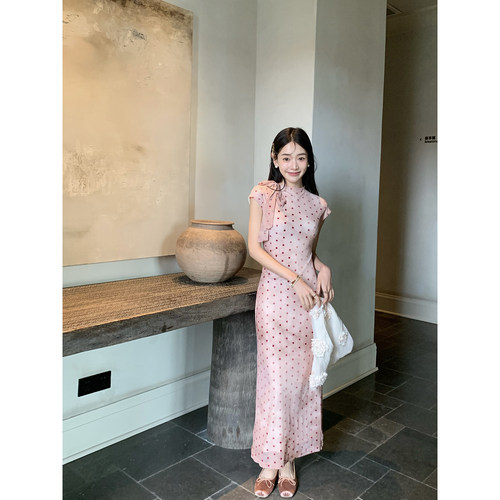 Thecoco 弹力网纱改良旗袍女装夏季透气波点印花绑带气质显瘦长裙